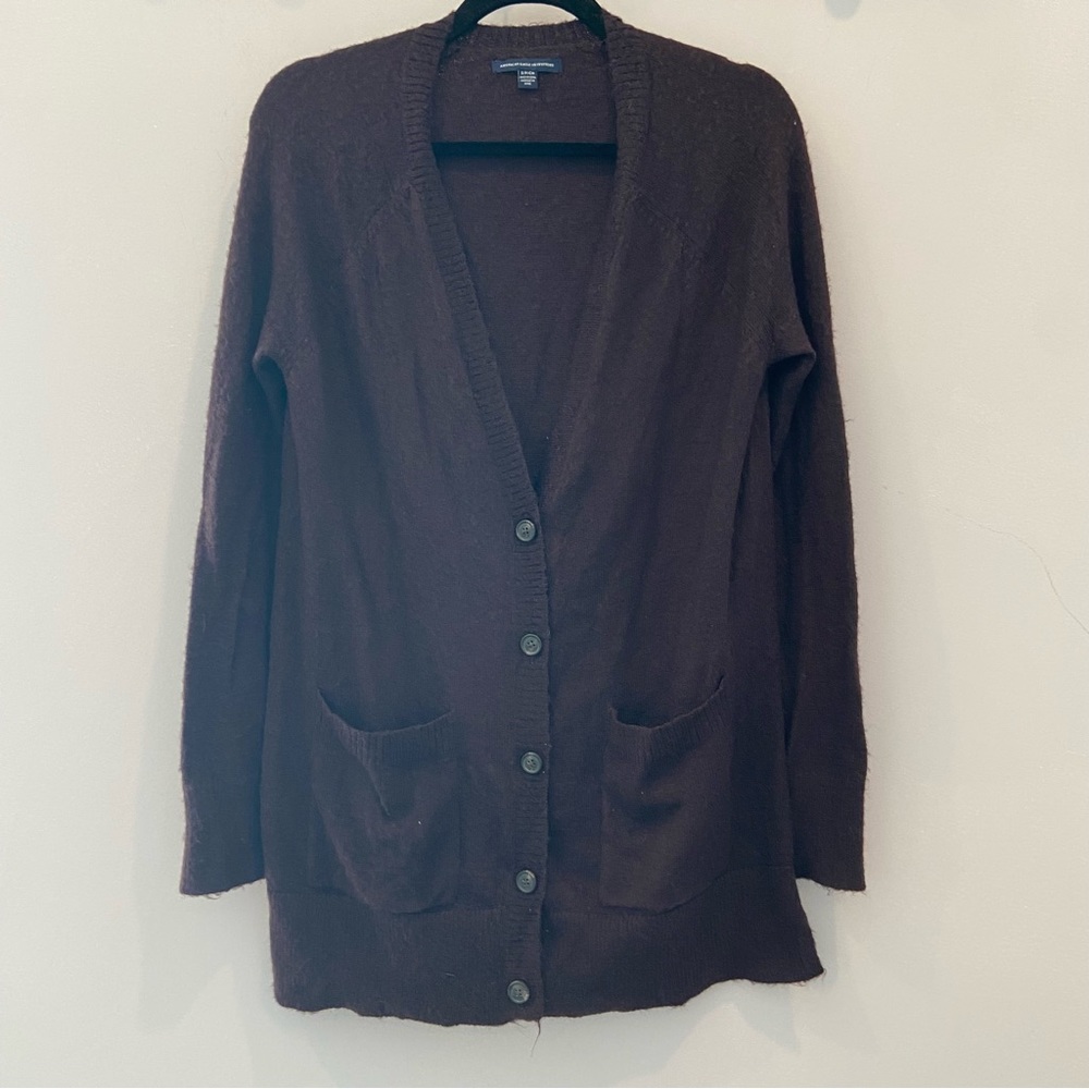 AMERICAN EAGLE Grandpa Cardigan Plum V-Neck Button Down Longline Small - Picture 2 of 7
